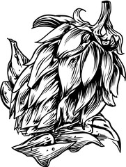 Intricate black and white illustration of a stylized hop flower, detailed and textured, ready for use