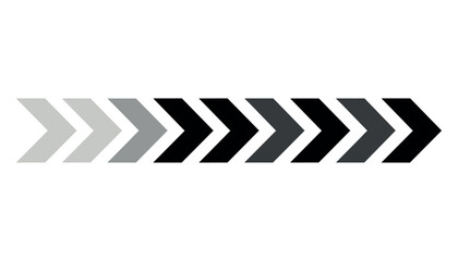 Chevron arrows pointing right in a gradient of light grey to black on a white background direction forward