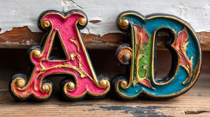 Intricate, colorful, ornate letters A and D against distressed, painted wooden background