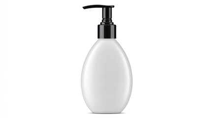 Isolated white liquid soap dispenser with a black pump, viewed from the front