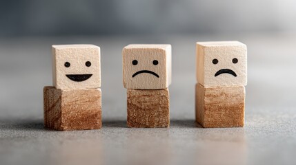 Wooden blocks with smiley and sad faces representing emotions, happiness, and disappointment in a minimalist setting for creative concepts and design projects