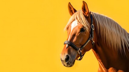 Majestic Brown Horse Portrait with Bridle on Vibrant Yellow Background