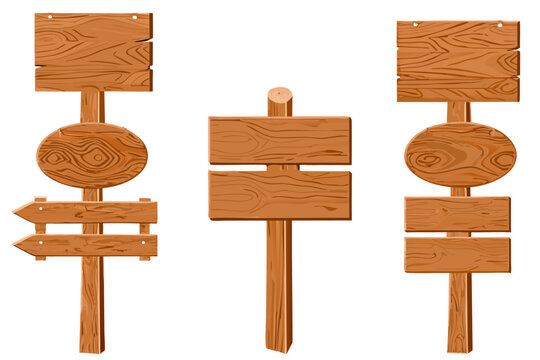 Flat cartoon wooden signpost set, tree bark texture on posts, smooth plank surfaces, no text