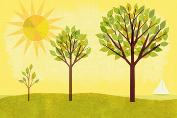 Pie chart sun shining on trees growing in sequence