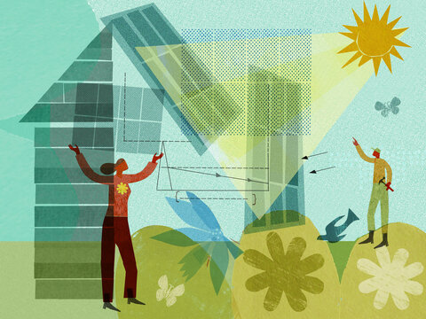 Couple building house with solar panel roof