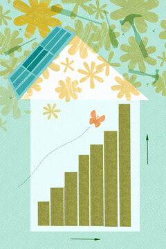 Rising line graph inside house with solar panels