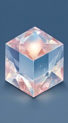 Isometric, colorful illustration of a transparent, geometric cube. Soft, light reflections within