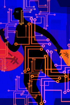 Computer hacker with yen money bags