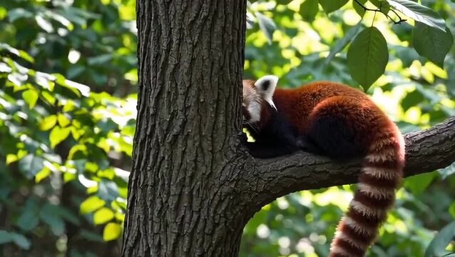 Red Panda Resting on Tree Branch in Lush Green Forest, Ailurus Fulgens
