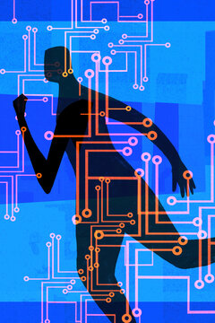 Silhouette of running man and computer circuit board