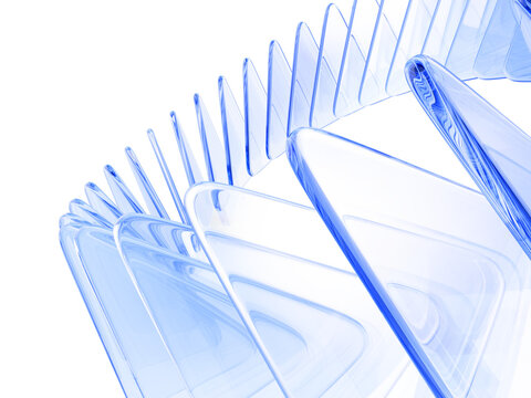 Abstract light blue 3d background with glass transparent triangle plate row. Crystal glossy triangular shapes with circular motion effect. Futuristic digital tech, layers wave pattern