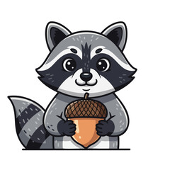 Obraz premium Cartoon raccoon with round eyes and striped tail, holding a large acorn
