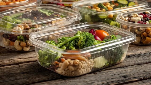 Medium shot of transparent bioplastic containers filled with food emphasizing ecofriendly storage and compostable materials.