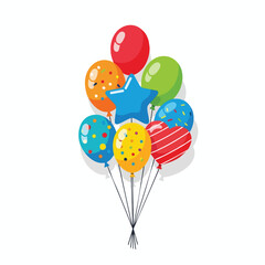 A colorful bouquet of balloons with various patterns and a blue star balloon