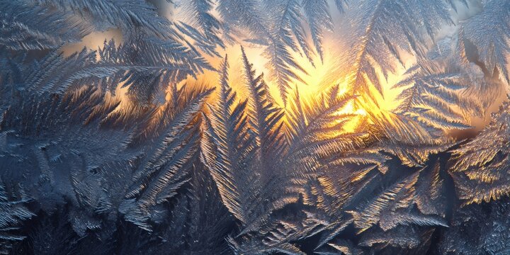 Frost patterns forming on window glass, capturing morning sun rays and abstract winter beauty