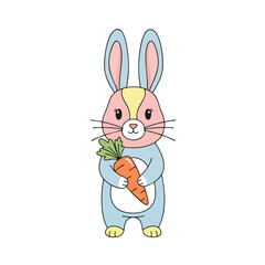 A cute, colorful bunny, holding a carrot, stands against a white background