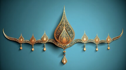 Intricate golden floral filigree design against teal background, creating elegant decorative motif