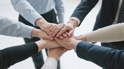 Multiple hands overlap and gather; workplace attire creates a sense of cohesion and strength in team collaboration.