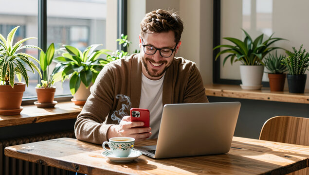 Smiling man telecommuting using phone and laptop