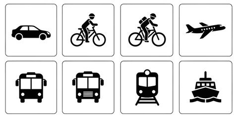 Transportation Grid Solid Filled Icons Car Driving Bicycle Ride Airplane