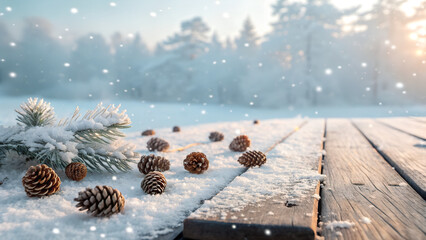 Fototapeta premium Snowy Pine Cones on Wooden Table with Winter Forest Background and Falling Snow Stock Photo pine, cones, snow, winter, wooden, table, forest, falling, snowy, christmas, holiday, background, frost,