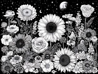 Intricate grayscale floral arrangement against a starry night background with a celestial moon and crescents