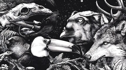 Fototapeta premium Intricate grayscale illustration of assorted animals, including skulls, a toucan, and a wolf