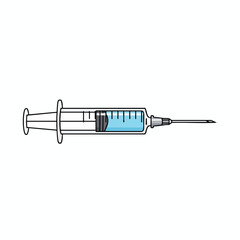 Illustration of a medical syringe with blue fluid, and needle against white