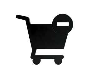 A glossy monochrome rendered shopping cart icon with a minus sign