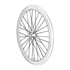 Fototapeta premium Line drawing of a bicycle wheel with spokes, rim, and hub on white background