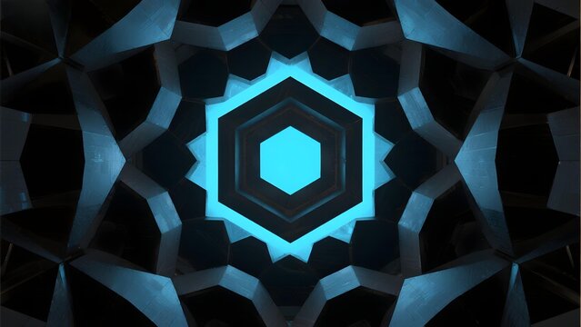 Geometric abstract pattern with glowing blue hexagonal center and symmetrical dark facets