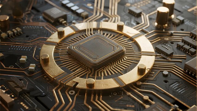 Close-up of a microchip on a printed circuit board with intricate gold pathways and electronic components