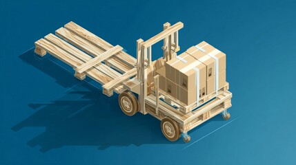Isometric illustration of a wooden forklift transporting boxes on pallets, casting shadow on blue