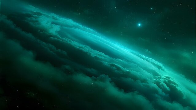 A view of Earth's atmosphere from space, showcasing glowing clouds and a starry background.