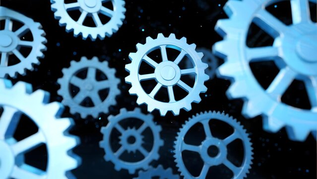 Interlocking metallic gears in blue tones against a dark background, symbolizing mechanical motion and precision engineering.