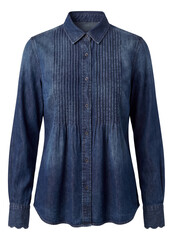 Retro denim shirt featuring pin tuck details and scalloped hems.