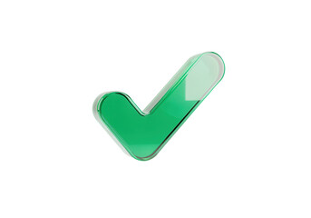 Gradient emerald green glassmorphism check mark icon floating isolated on a clean white background for modern app UI design with soft light reflections.