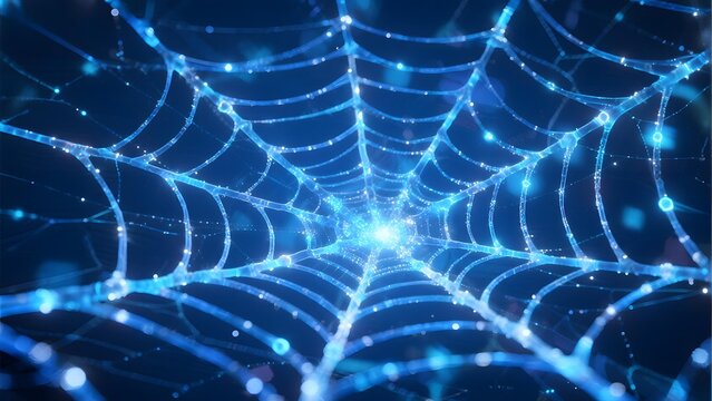 Glowing blue spider web with illuminated nodes and radial symmetry in a dark background