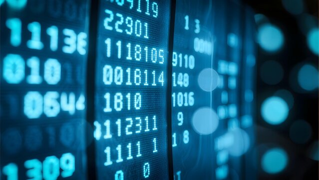 Digital display showing binary code and numerical data on a blue background with bokeh effect