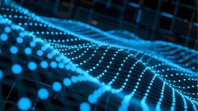 Abstract digital wave pattern composed of glowing blue dots on a grid background
