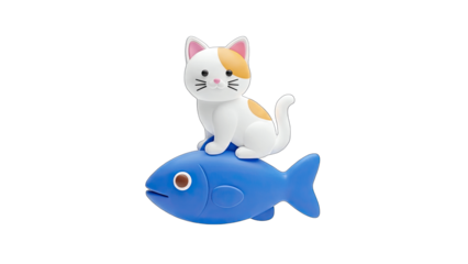 Cat Sitting on a Blue Fish Toy Against White Background