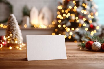 Stylish photo of Blank white greeting card mockup on a wooden table with blurred Christmas tree and holiday lights in the background.