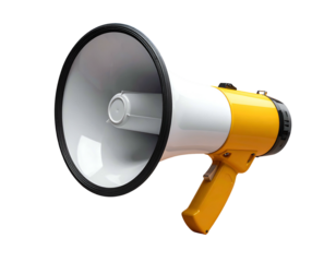A yellow and white plastic megaphone with a black rim and handle