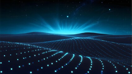 Digital landscape with glowing blue particles and wave patterns under a starry night sky