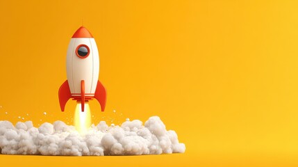 Whimsical rocket launching into the sky with orange accents and vibrant yellow background, symbolizing adventure and innovation in a playful design