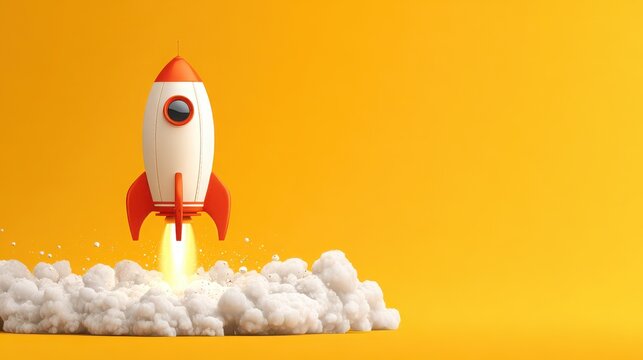Whimsical rocket launching into the sky with orange accents and vibrant yellow background, symbolizing adventure and innovation in a playful design