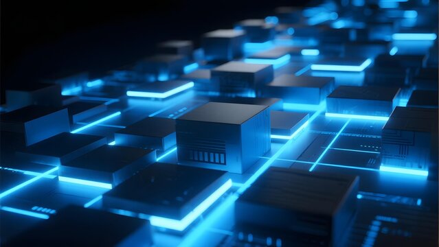 Futuristic grid of illuminated cubes with blue light trails in a digital network environment - Powered by Adobe
