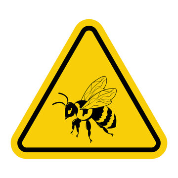 Bee. Yellow warning triangle sign. Area where bees are present or an apiary is located. Keep away from hives and be aware of the risk of allergic reactions to insect stings.