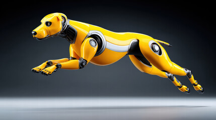 Robotic canine in motion captured mid leap showing sleek yellow design and advanced mechanical joints in dynamic action