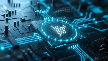 Close-up of a futuristic circuit board with glowing blue pathways and a central illuminated chip featuring a triangular pattern.